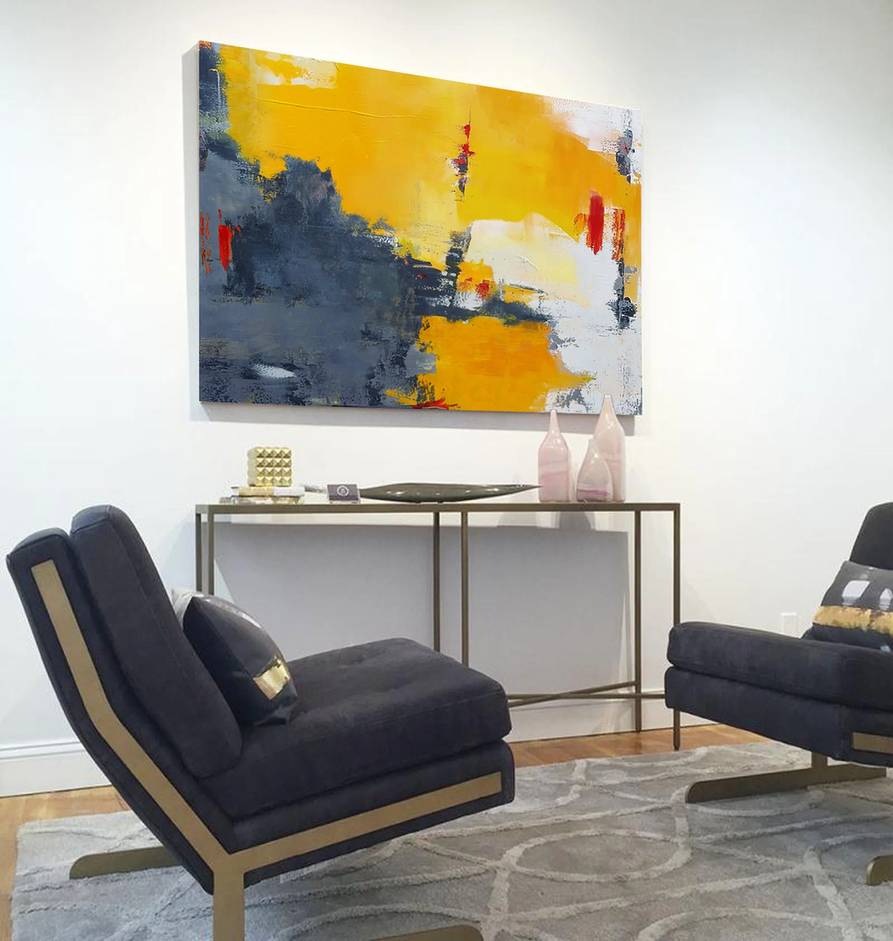 White Canvas Gray Yellow Abstract Canvas Artwork D7EH0 wall art